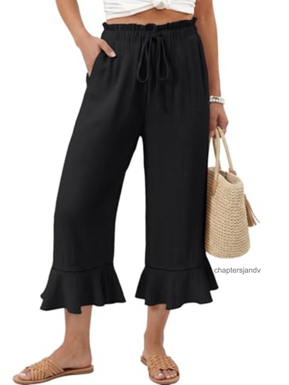 EVALESS Linen Wide Leg Capri Pants Ruffle Hem Pockets